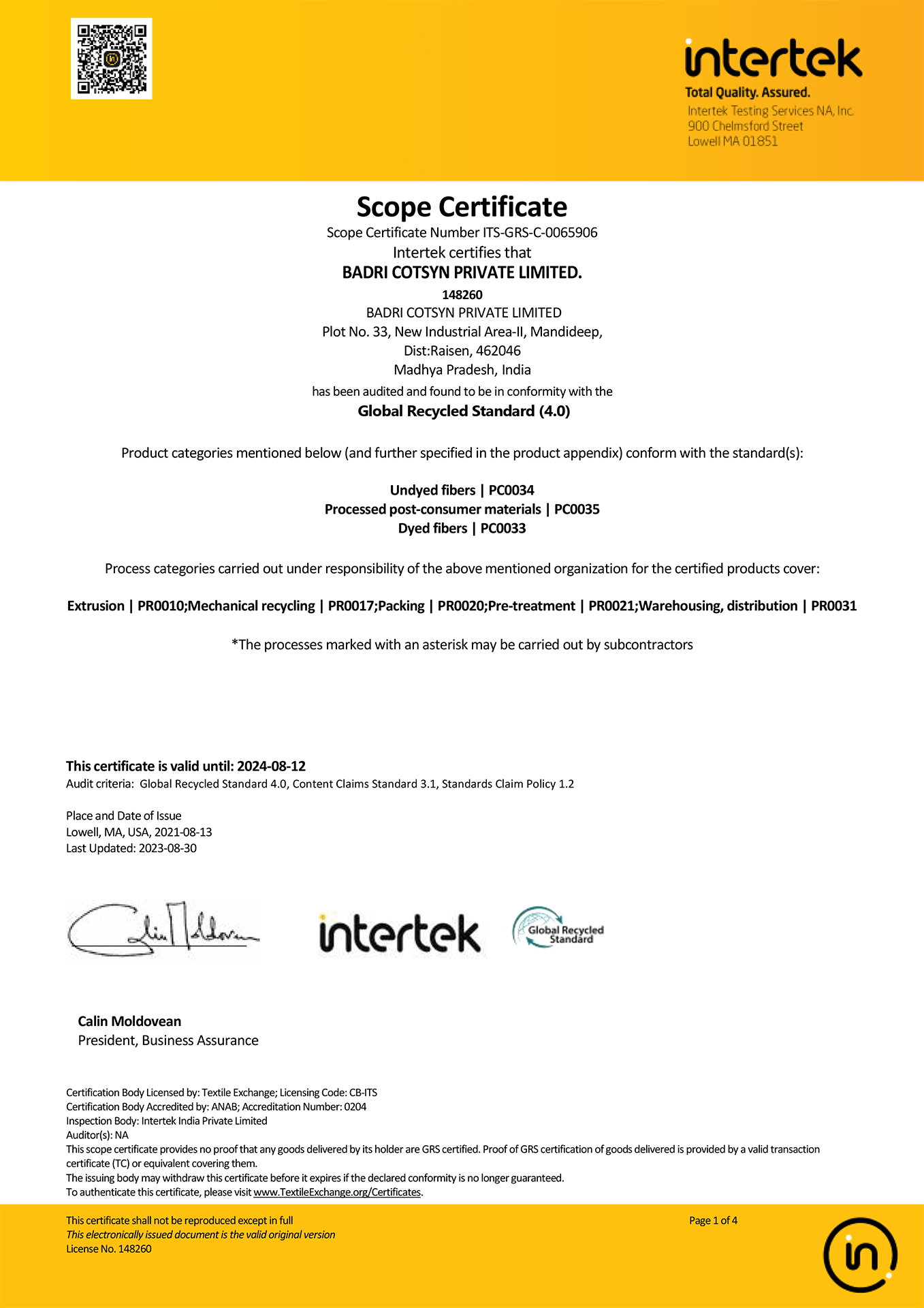 SCOPE CERTIFICATE COTSYN 23-24-1